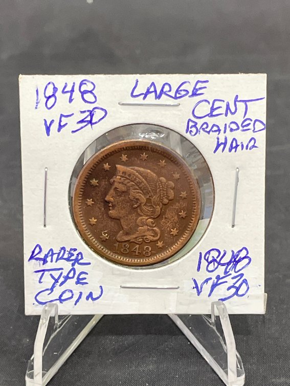 1848 Large Cent Braided Hair Rarer Type Coin VF30