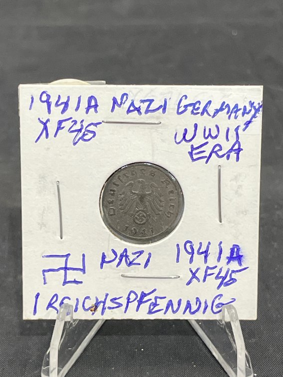 1941 A 1 Reichspfennig  Nazi Germany WWII Era Swastika on Obverse XF45