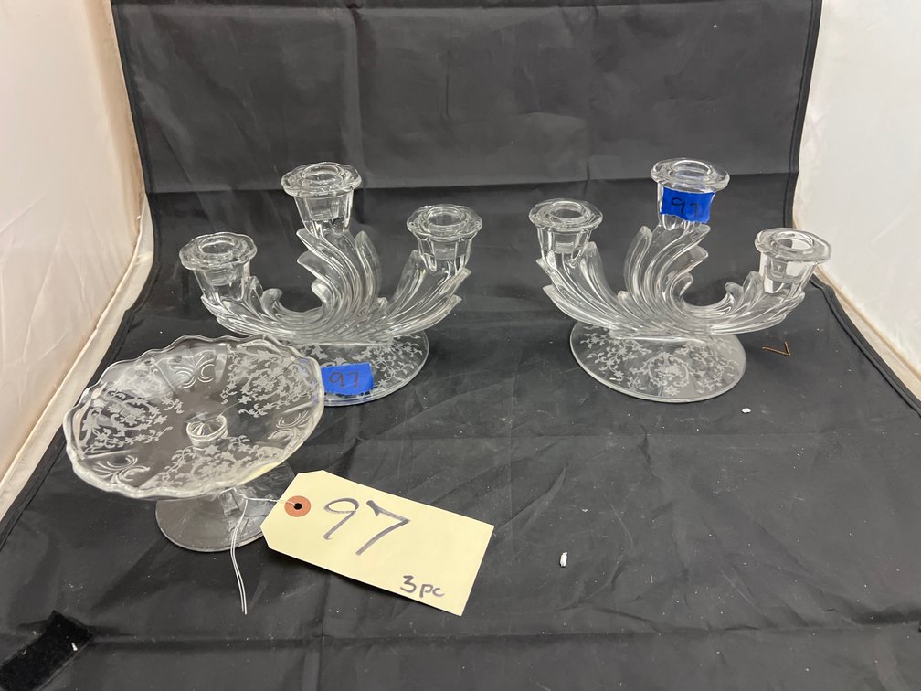 3 Pcs - Fostoria Navarre Etched Glass Candlestick Holders