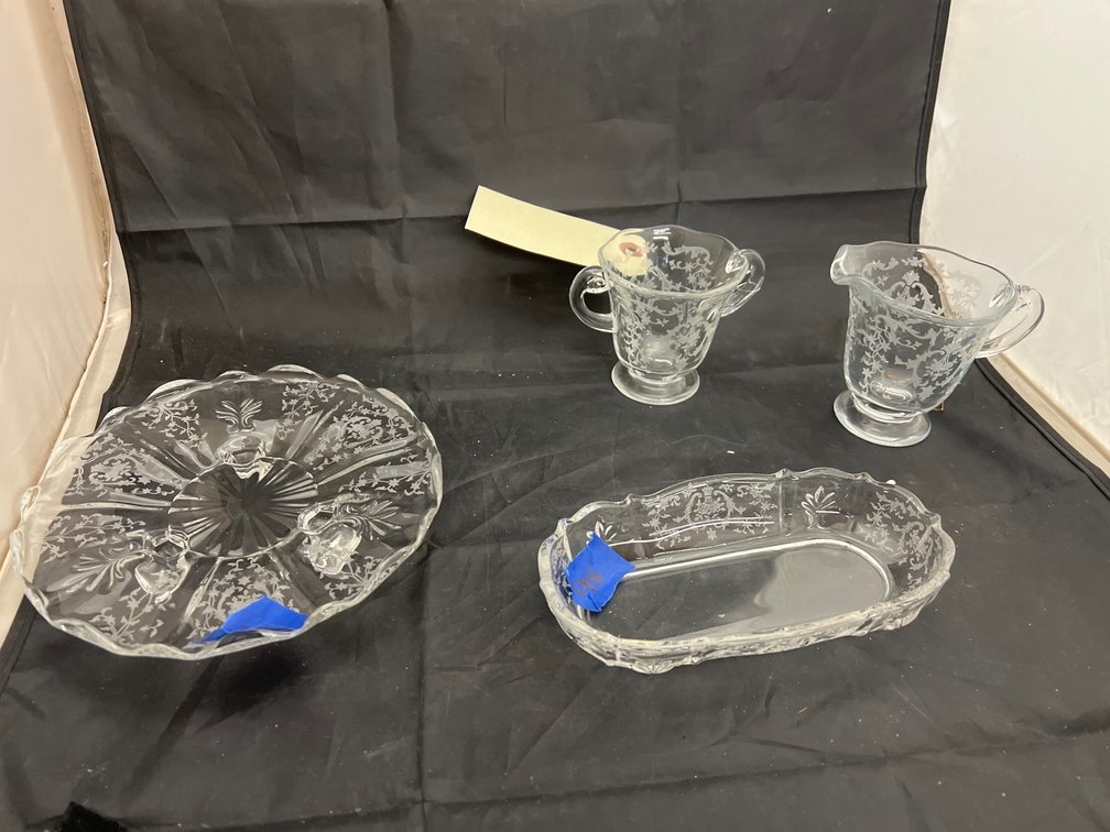 4 Pcs - Fostoria Navarre Etched Glass Cream/Sugar - Pickle Dish