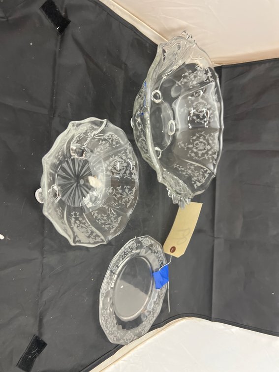 3 Pcs - Fostoria Navarre Etched Glass Salad Plate -  Candy Dish