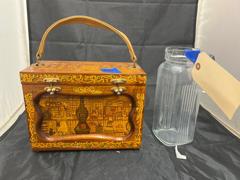 Wooden Purse & Glass Juice Pitcher