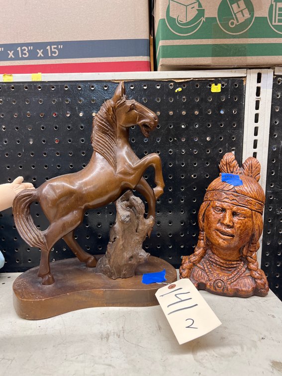 2 Pcs - Native American Bust & Wooden Carved Horse