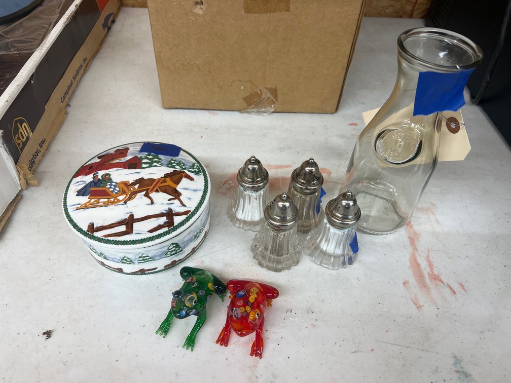 Milk Bottle - Salt/Peppers - Art Glass Frogs - Trinket Dish