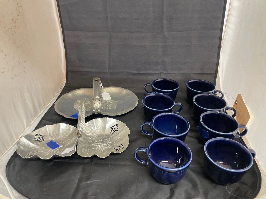 8 Fiestaware Mugs - 2 Silver Toned Trays