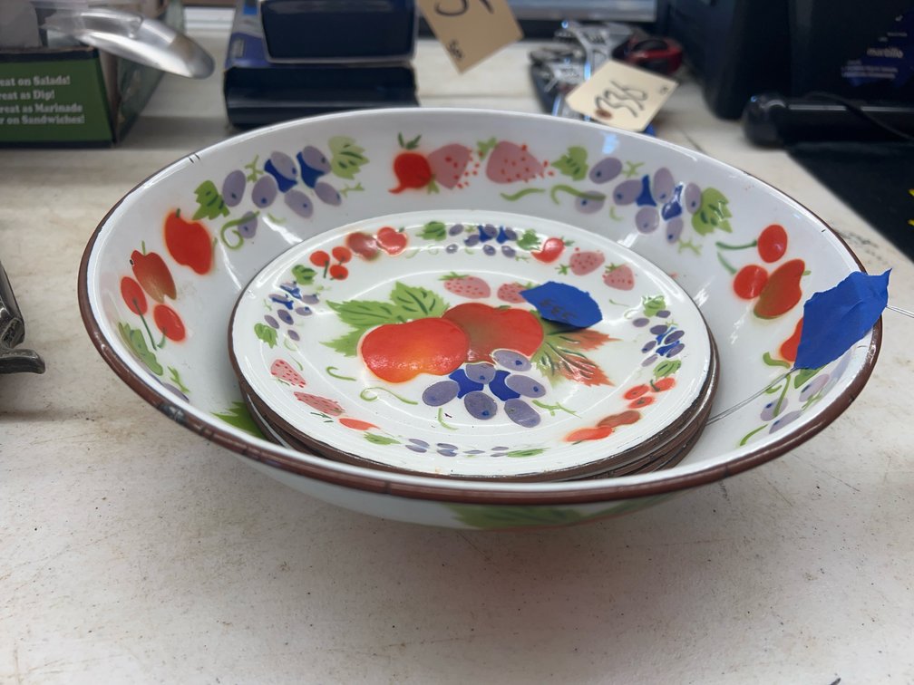 6 - Enameled Plates w/Matching Bowl
