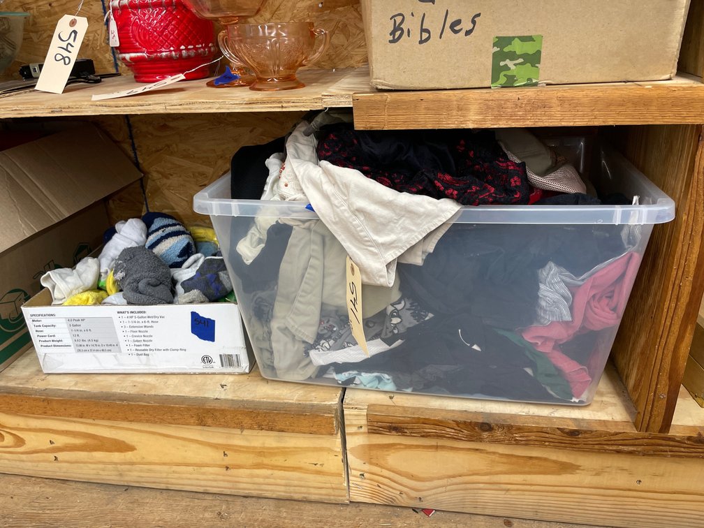 Assorted Clothing in Plastic Bin w/Lid & Box of Socks