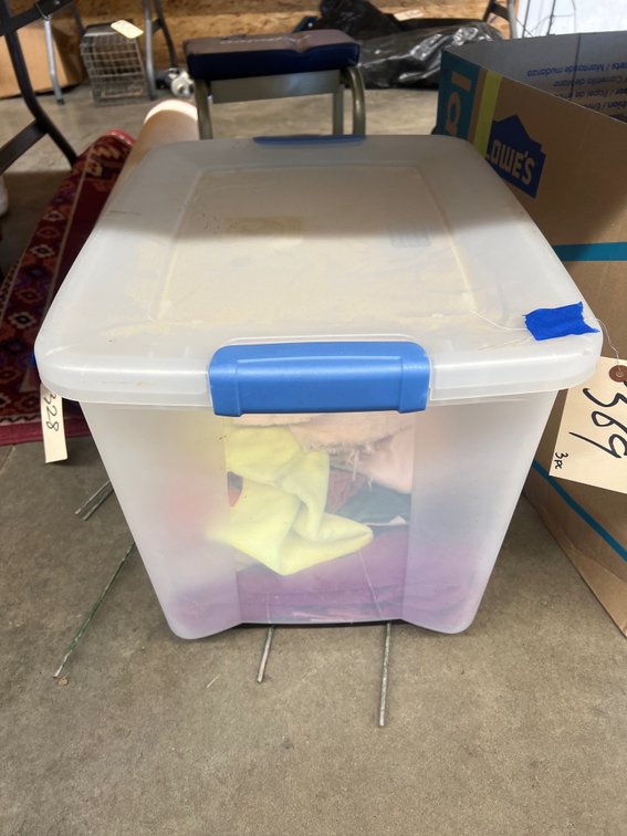 Assorted Hand Towels & Metal Yard Stakes in Plastic Bin