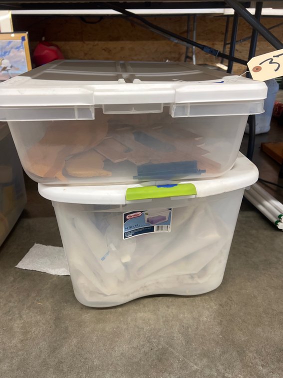 Wood Cutouts - Plastic Drop Cloth in 2 Plastic Bins w/Lids
