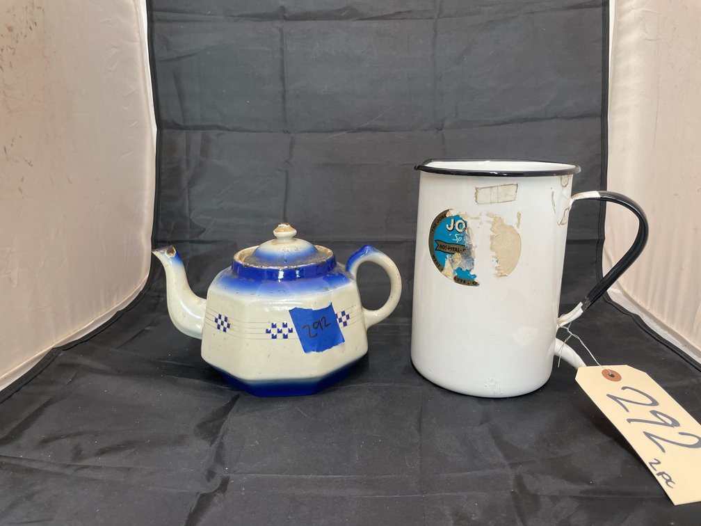 Vintage White Enameled Hospital Medical Can & Teapot
