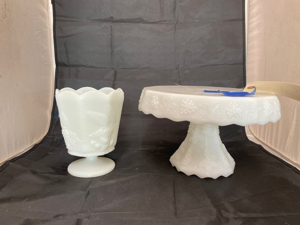 Milk Glass Cake Stand & Vase