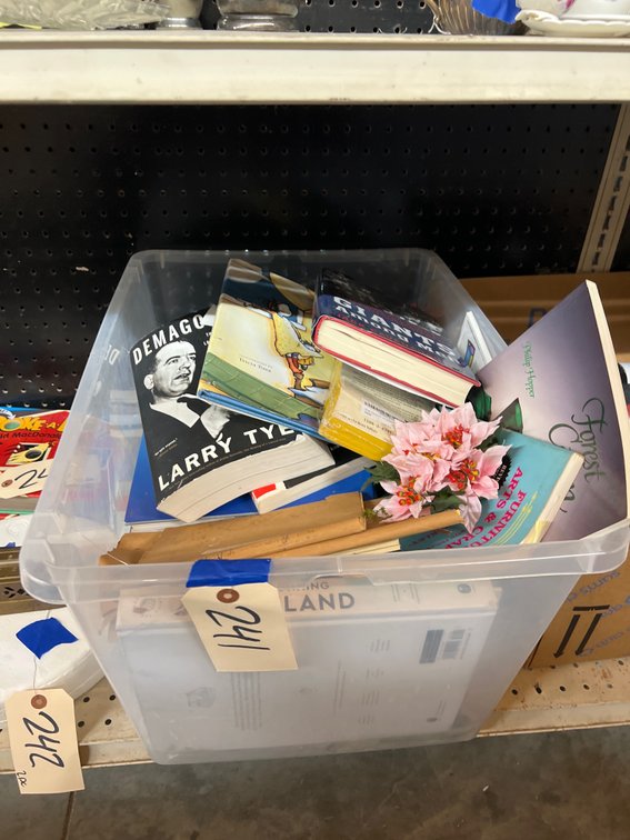 Assorted Books in Plastic Bin