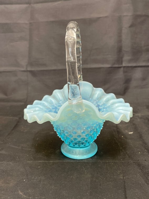 Blue Opalescent Hobnail Glass Basket