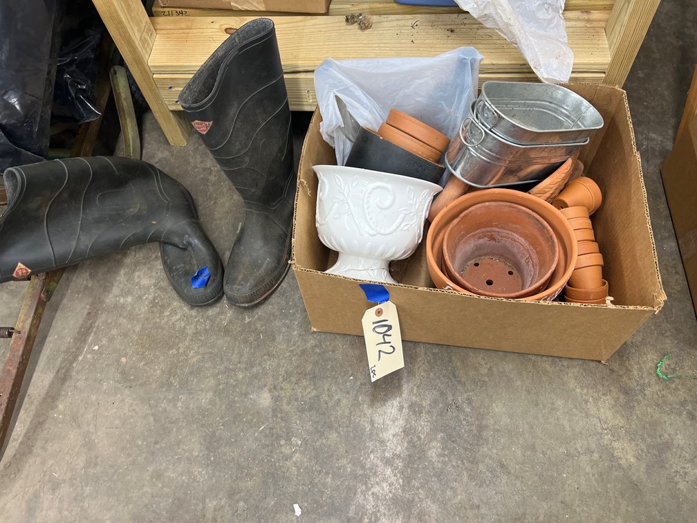 2 Pcs - Assorted Planters & Pr Muck Boots Sz 9