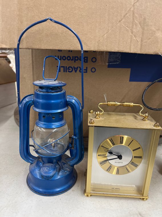 Metal Case Clock & Repro Railroad Lantern