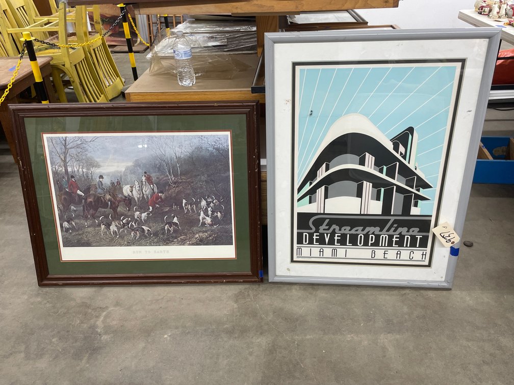 2 Pcs - Framed Hunting Print & Framed Streamlined Development