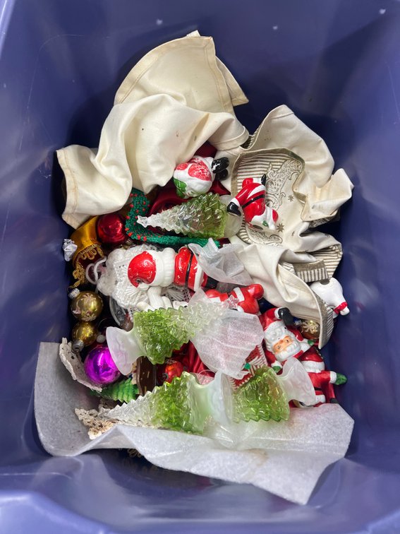 Assorted Christmas Ornaments & Decor in Plastic bin