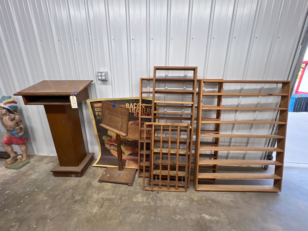 7pc - Pulpit , Burger Sign, Wooden Music Stand & Wooden Shelves 19x53x4 , 38x47x4, 37x48x3, 19x30x2