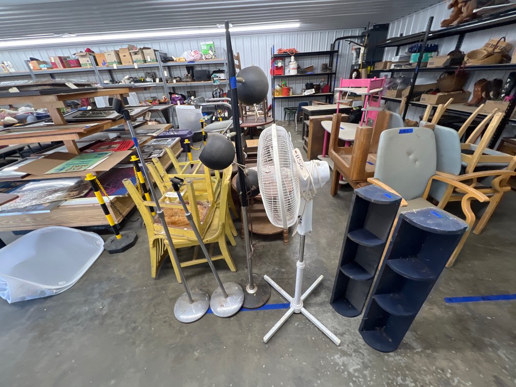 6pc - Wooden Shelves, Fan Lamp & Microphone Stands