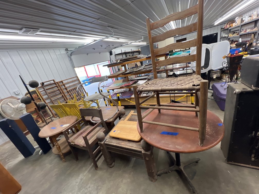 8pc - Wooden Tables, Chairs, Battery Display