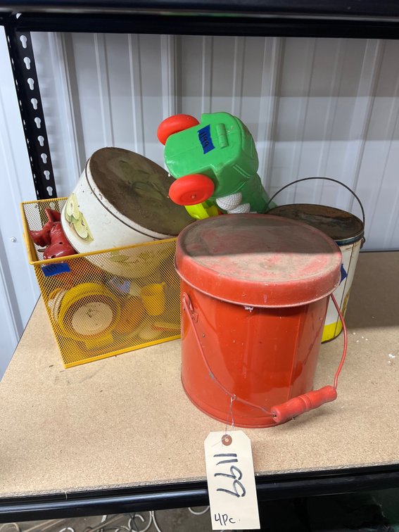 4pc - Vintage Tuckers Shortening Bucket, Red Metal Bucket, Childrens Golf Toy, Plastic Bin w/Childrens Toys