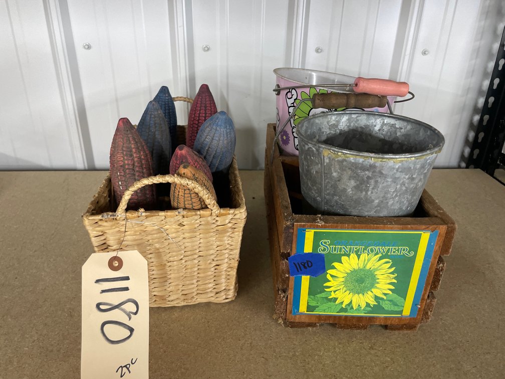 2pc - Wicker Basket w/Corn, Wooden Basket w/Buckets