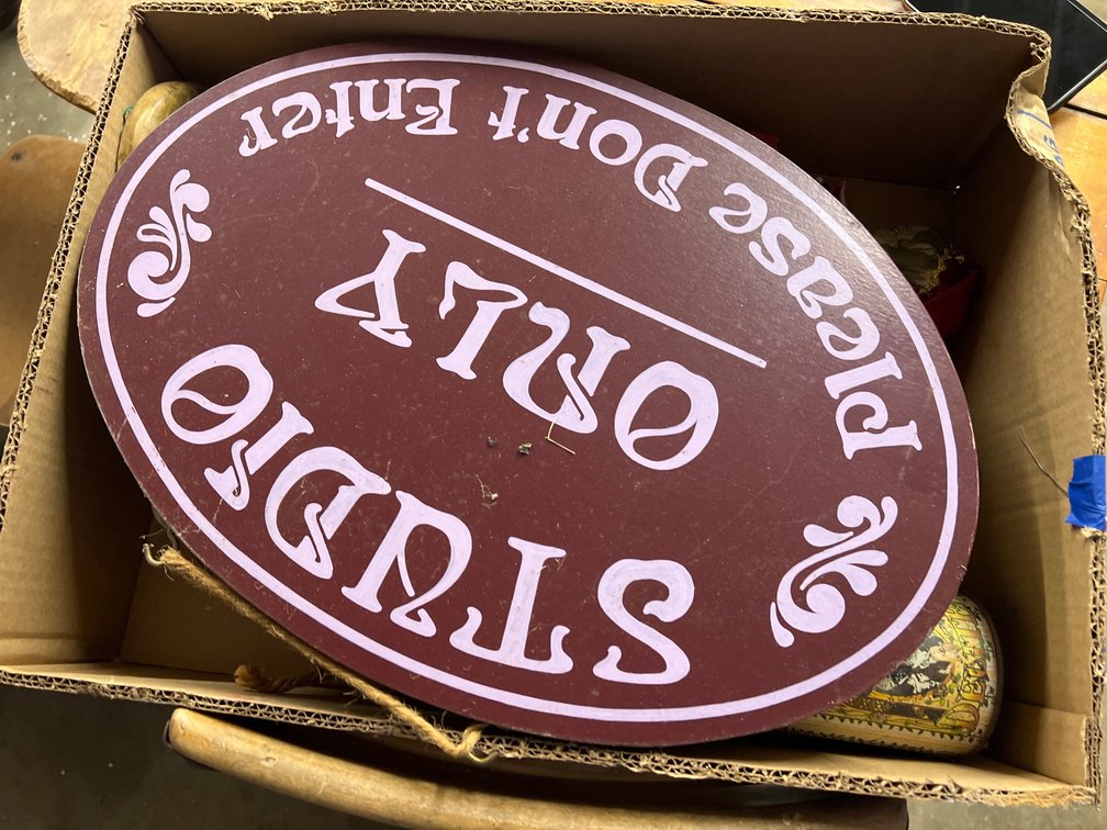 Box w/Studio Sign, Figurines, Tamborine & More