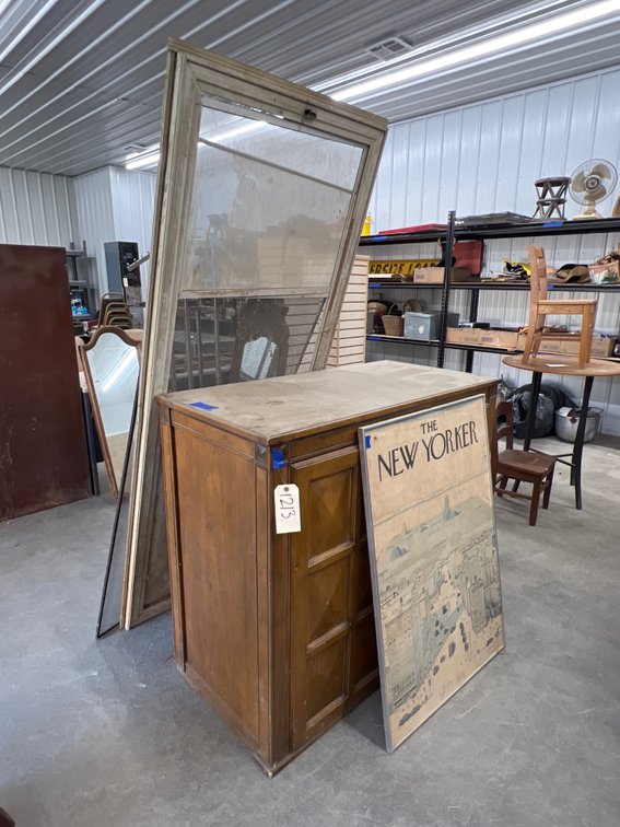 5pc - Framed New Yorker Drawing, Partial Entertainment Center, Screen Door, Felt Board & Cork Board  - AS IS
