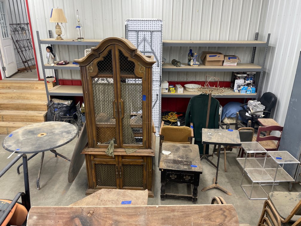 11pc - Wooden Table, Chairs, Entertainment Center, Coat Rack, Small Table AS IS
