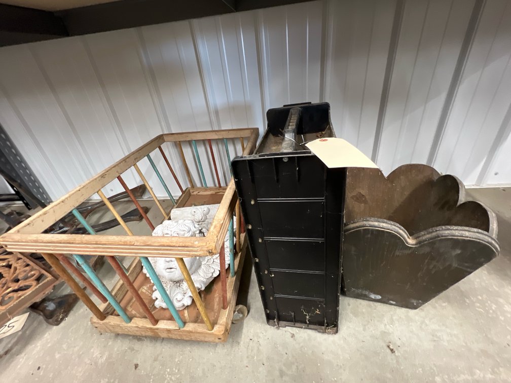 3pc - Childrens Wooden Crib, Plastic Organizer, Wooden Bin
