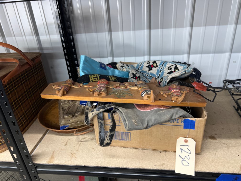 Box w/Wooden Coat Rack, Purses, Metal Wall Hanging & More