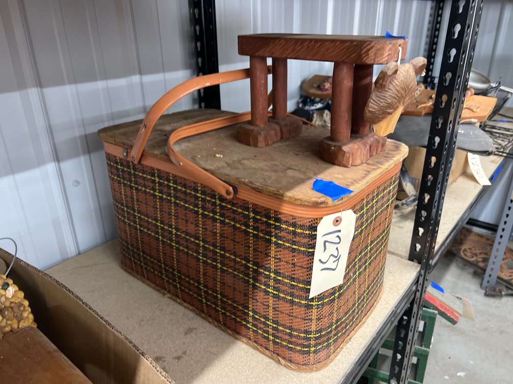 Picnic Basket w/Plates & Wooden Bear