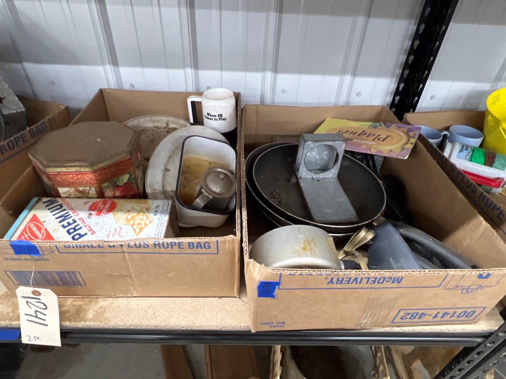 2 Boxes - Saltine Cracker Tin, Plates, Pots, Silverware & More
