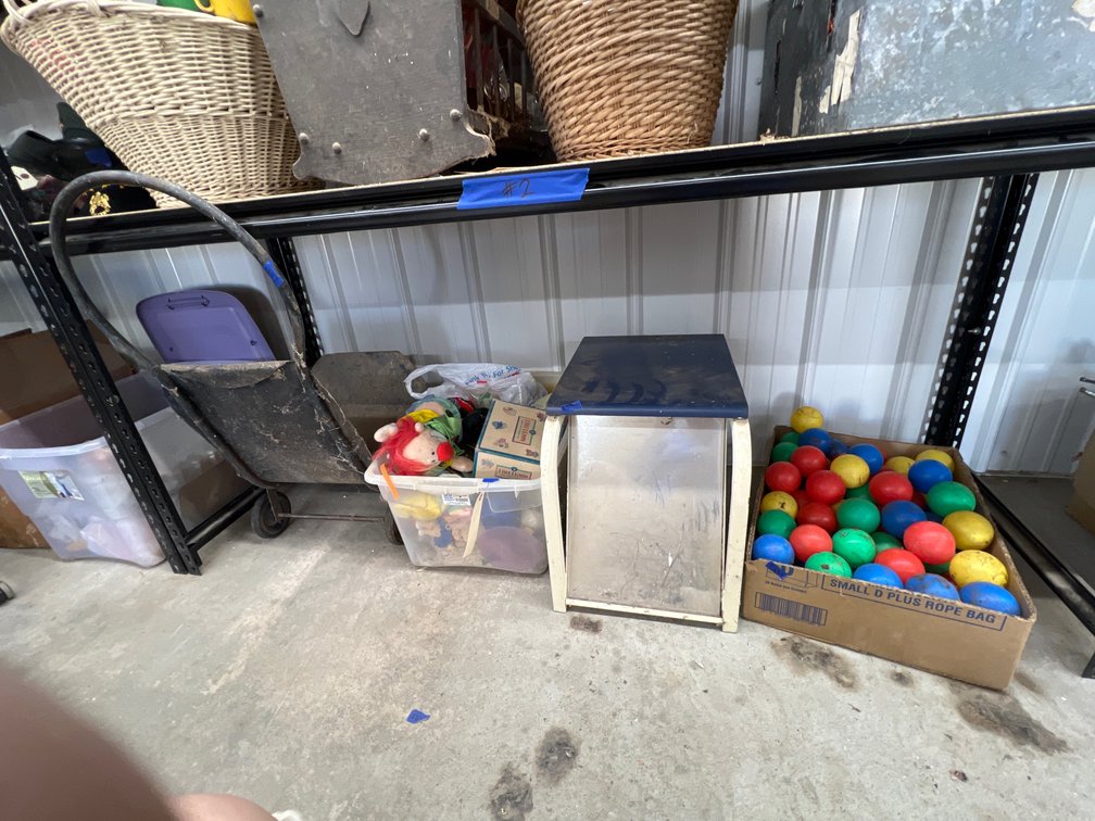 4pc - Plastic Balls, Small Metal Bench, Firewood Cart, Plastic Bin w/Cords