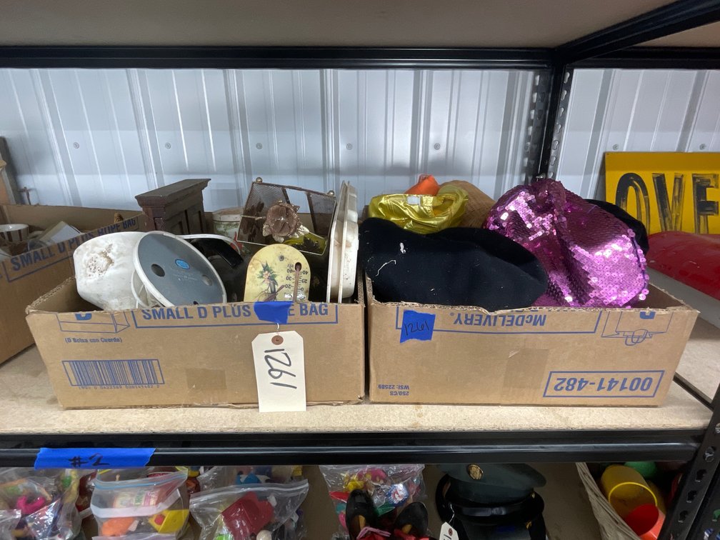2 Boxes - Hats, Wicker Basket, Serving Tray & More