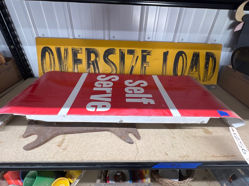 3pc - Oversize Load Sign, Self Serve Sign, Railroad Bolt Wrench ?