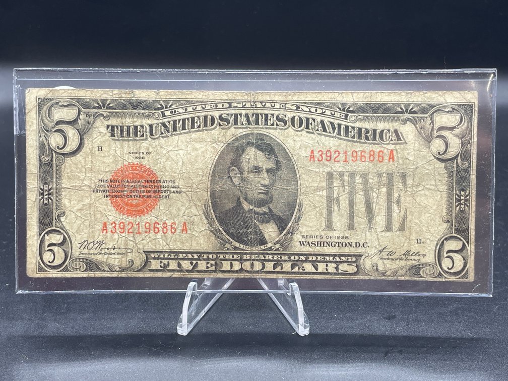 1928 Series “Orange Seal” $5 Note Offset Obverse/Reverse RARE VF35