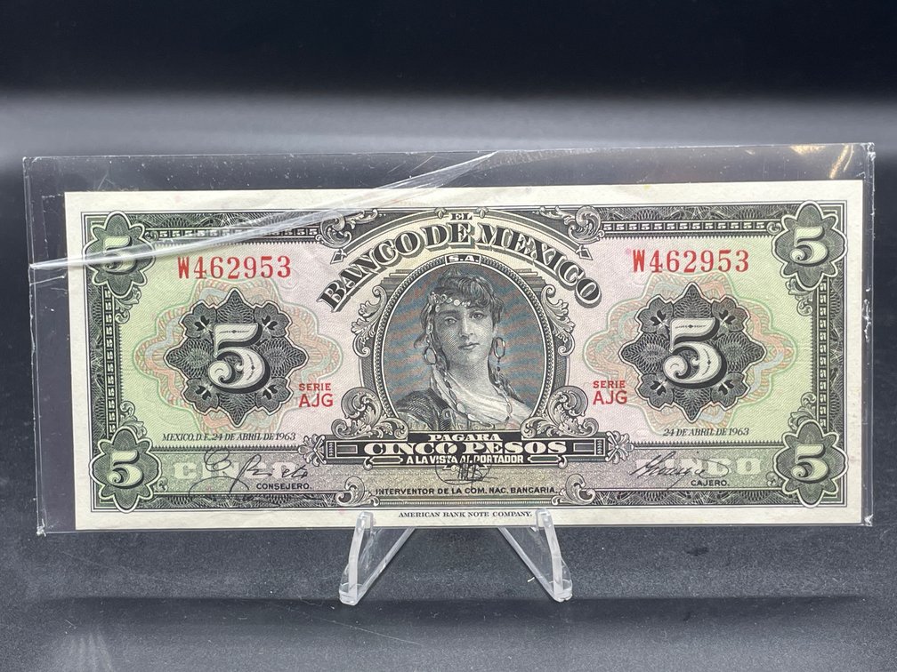 1963 Series AJG Cinco Pesos Mexican Bank Note RARE Ch. UNC.