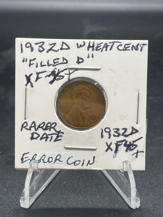 1932 D Rarer Wheat Cent Error Filled D Mint Mark XF45+