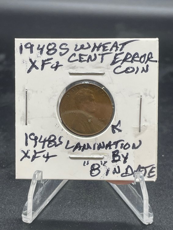 1948 S Wheat Cent “Error Coin Lamination Between 8 and Rim at Date” XF45