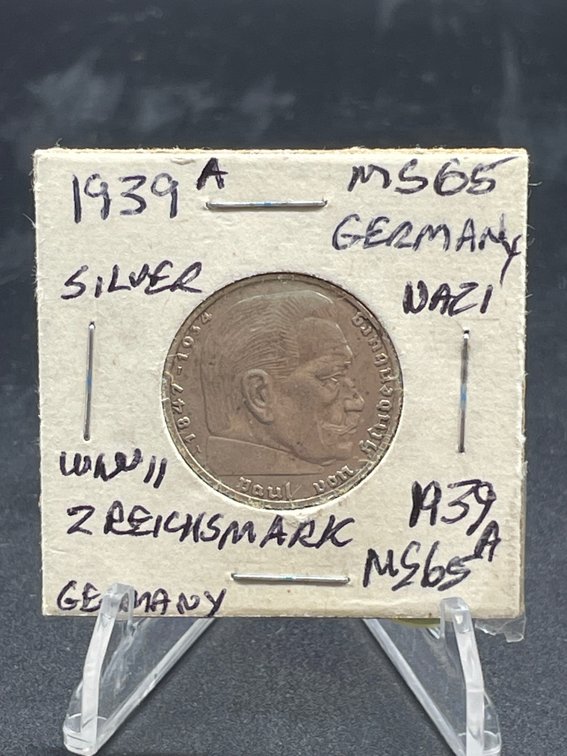 1939 A 2 Reichsmark Nazi Germany Swastika Reverse SILVER MS65
