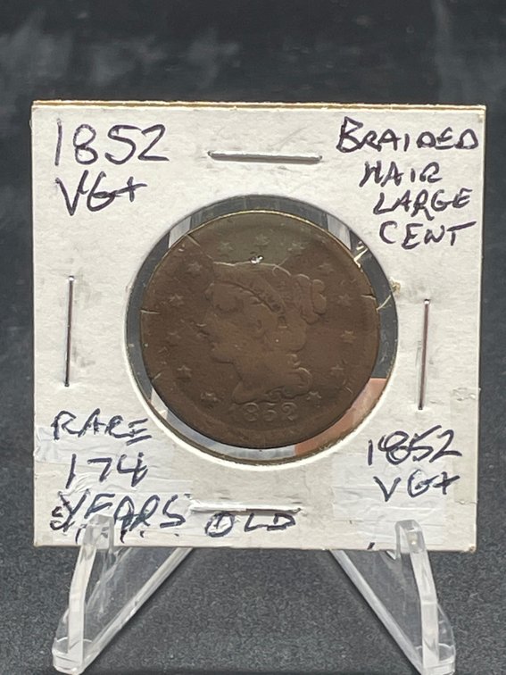 1852 Braided Hair Large Cent Rare 174 Years Old VG+