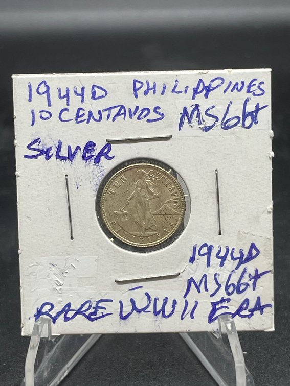 1944 D Ten Centavos Philippines Rare WWII Era Silver MS66+