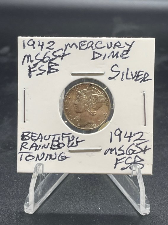 1942 P Mercury Dime Beautiful Rainbow Toned Full Split Bands MS65+