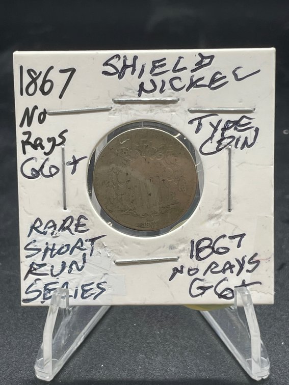 1867 No Rays Shield Nickel 159 Years Old Rare Short Run Series Type Coin G6+