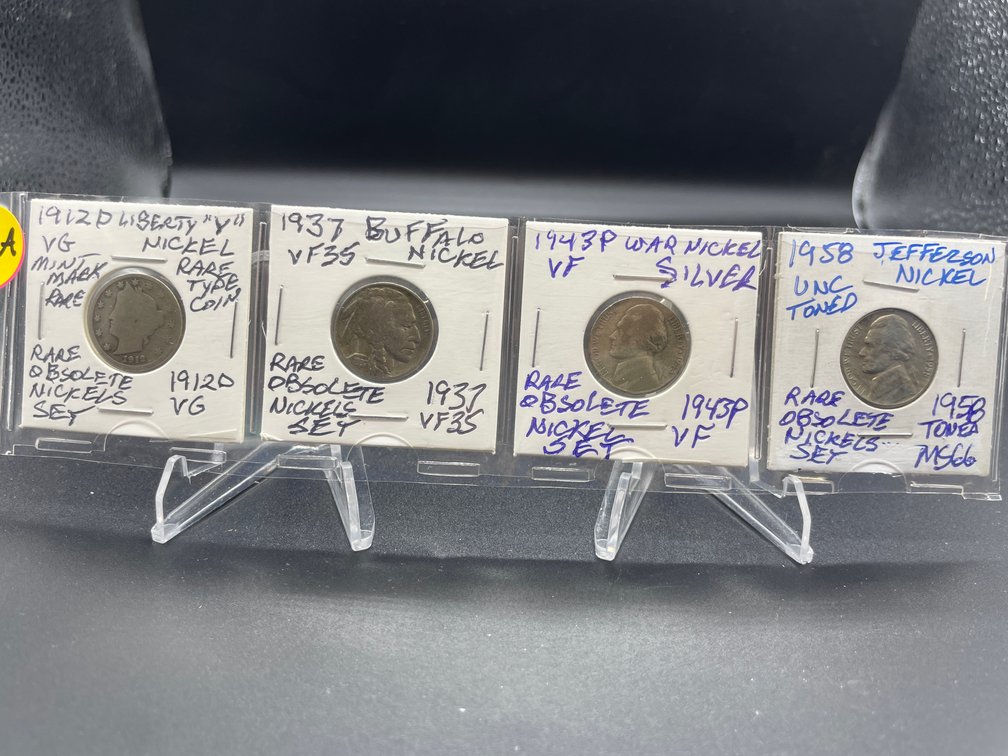 (4) Obsolete Nickel Set 1912 D Liberty, 1937 Buffalo, 1943 P War Nickel Silver 1958 Jeff.