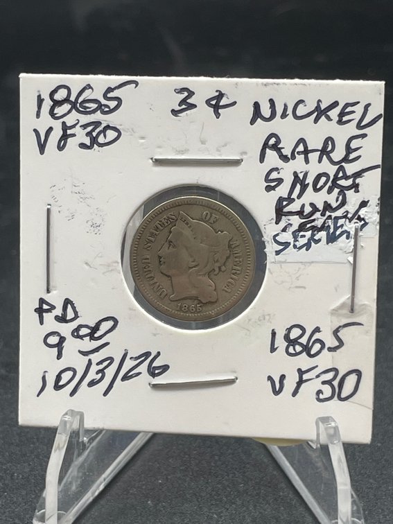 1865 3 Cent Nickel Rare Short Run Series VF30
