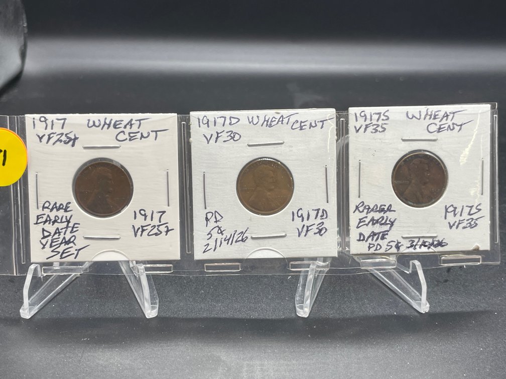 1917 PDS (3) Wheat Cents Rare Early Date Year Set VF25+-VF30