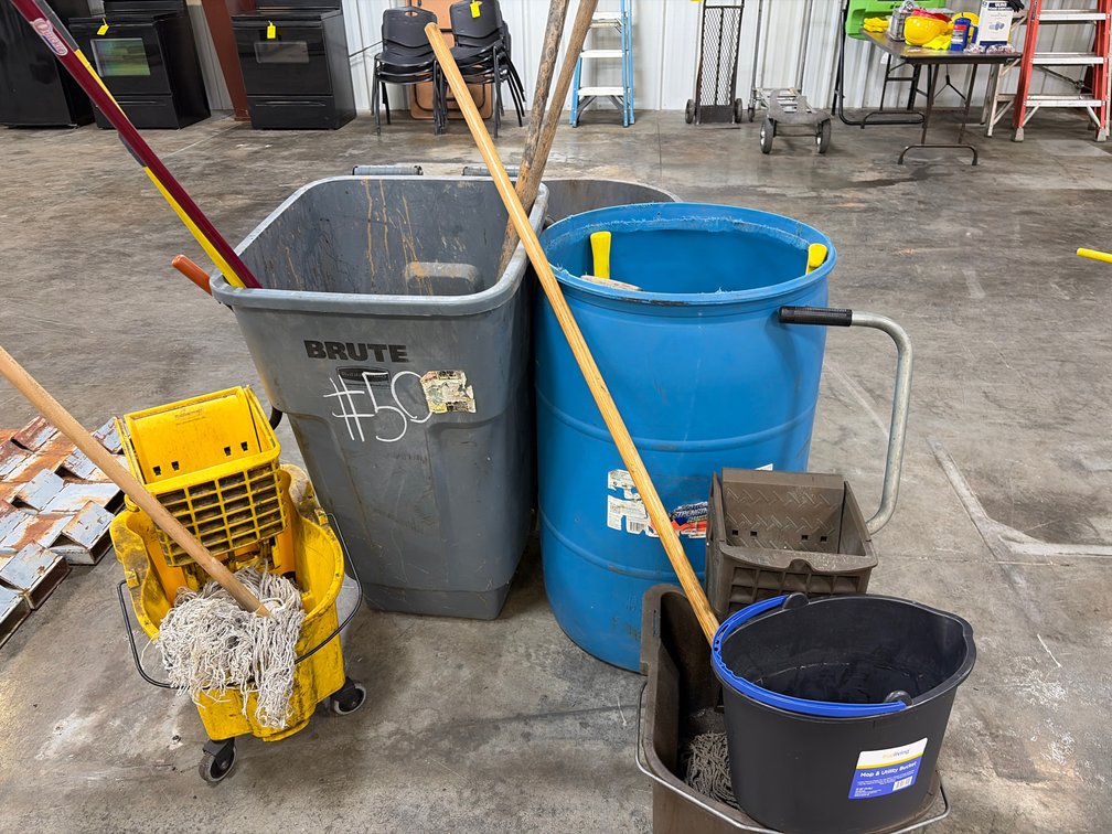Trash cans and mop buckets