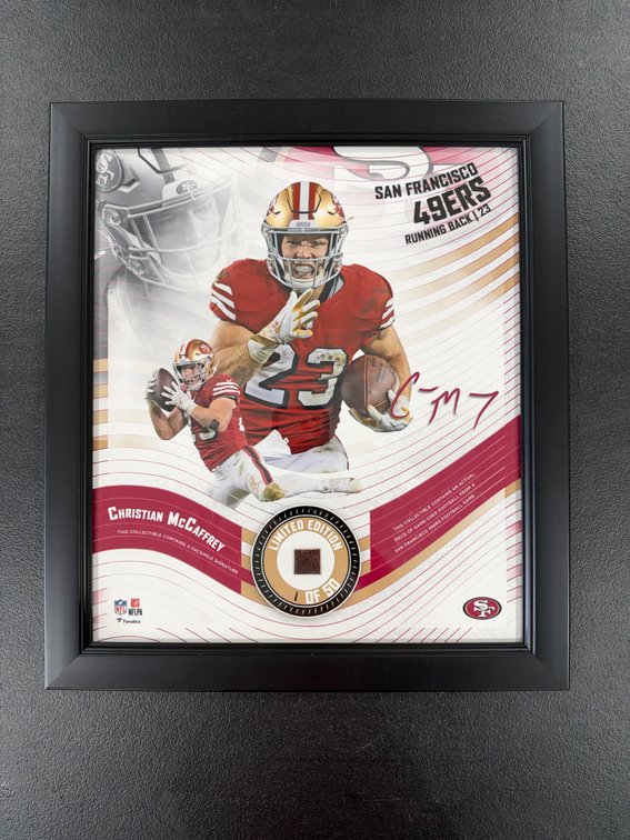 Christian McCaffrey 1 of 50 limited edition game used football framed photo